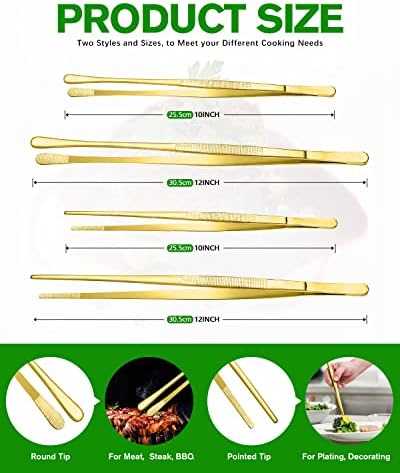 4 Pcs Fine Long Tweezer Tongs Professional Gold, 12'' and 10'' Stainless Steel for Kitchen, Food, Cooking, Repairing, Sea food and BBQ