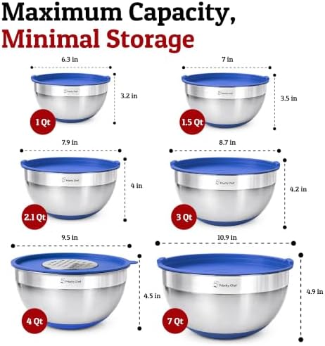 Priority Chef 6Pc Stainless Steel Mixing Bowls with Lids Set, Huge 7 Qrt Size Metal Bowl Set for Kitchen, 3 Graters, Non-Slip Bases & Silicone Utensils Set, Blue