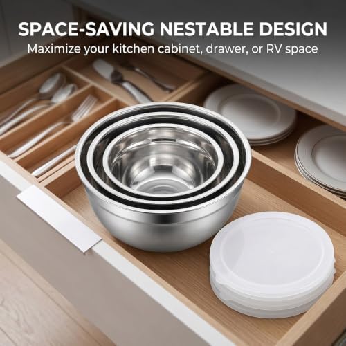 Stainless Steel Small Mixing Bowls with Lids, 3Pcs Nesting 0.85-1.0 QT Set