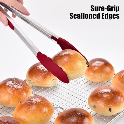Doosu Kitchen Tongs with Silicone Tips for Cooking Serving (9+12in, Red)