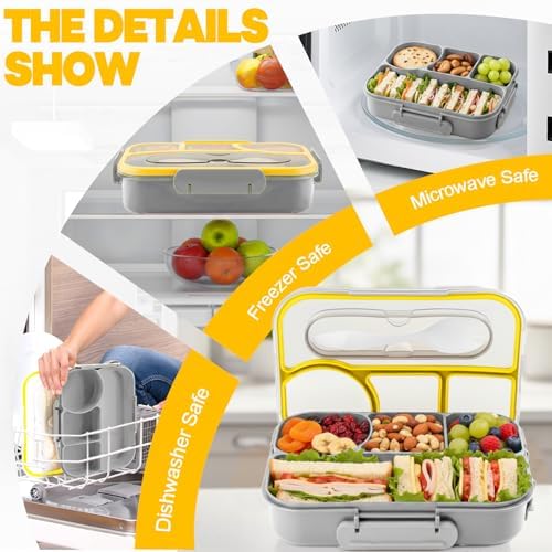 Bento Box for Adults,4 Compartments Lunch Box, Lunch Containers,Grey