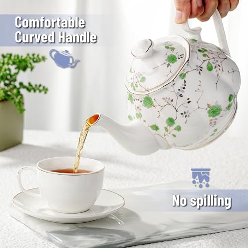 BTaT- Floral Tea Pot, Porcelain Teapot, 38 oz, Floral Teapot, Bone China Teapot for Tea Set