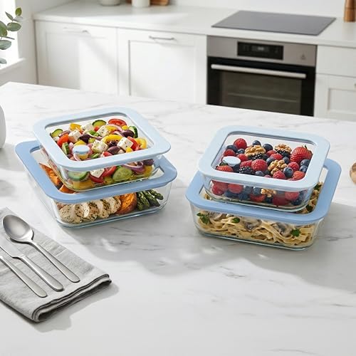 Urban Green Glass Food Container Set with Silicone Glass Lid, Square Shape, 4 Pack, Airtight, LeakProof, 100% Plastic Free, Meal Prep Food Storage Containers, Blue Color