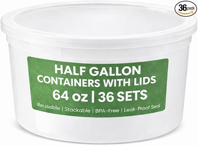 JoyServe 64 oz Food Storage Containers with Lids (Case Pack of 36 Sets), Half Gallon Round Plastic Deli Container with Leak-Proof Lid, BPA-Free, Freezer, Dishwasher & Microwave Safe