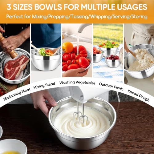 Herogo Stainless Steel Mixing Bowls with Lids Set of 3, 1.5/3/4.6Qt, Red