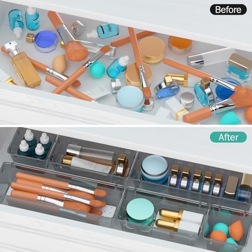 12 Pack Clear Drawer Organizer Set, Drawer Storage Trays, Storage Bins