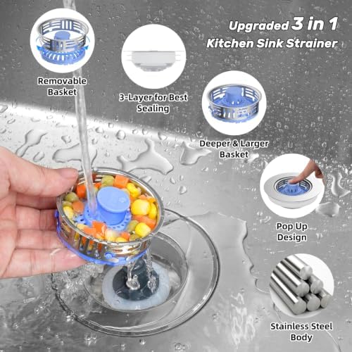Hibbent 3 in 1 Kitchen Sink Drain Strainer, Metal Pop Up Stopper