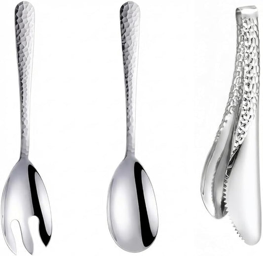 Salad Spoon and Fork Stainless Steel Tong Serving Set, Heavy Duty Hammered Finish Serving Utensils Large Salad Servers for Kitchen Party Buffet Supply (Silver)