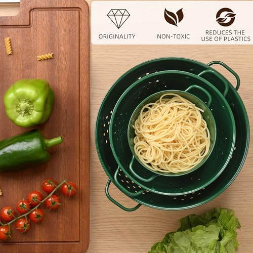 Metal Colander Set of 3, Strainer Basket with Handles perfect for Spaghetti, Pasta, Berry, Vegetable, Fruit, Solid Base Powder Coated Kitchen Essential Strainer Set, 1 & 3.5 & 5 Qt (Dark Green)