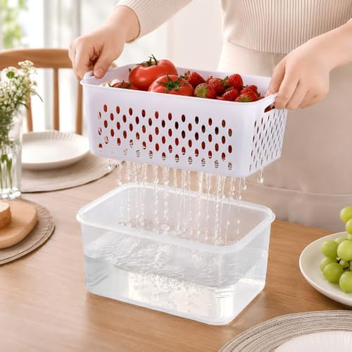 3 Pcs Fruit Storage Containers for Fridge, Produce Storage Containers with Removable Colander Basket & Airtight Lid, BPA-free food storage containers, for Fruits, Vegetables & Meat Grey