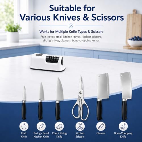 2-Stage Electric Knife Sharpener for Chef Knives, Fast, Safe & Easy Sharpening & Polishing, Ideal for Home Use & Beginners, Quickly Restore Dull Blades, White
