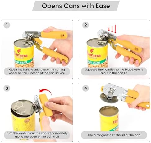 Beneno Heavy Duty Hand Can Opener Manual with Magnet Lid Remover, Yellow