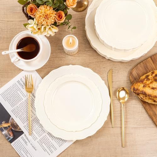 U-QE 100 Pcs Ivory Plastic Plates for Party - Ivory Disposable Plates