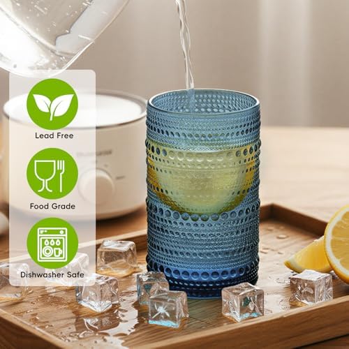 Moretoes12 Pack 12 Oz Blue Hobnail Drinking Glasses Set Water Glass Cups