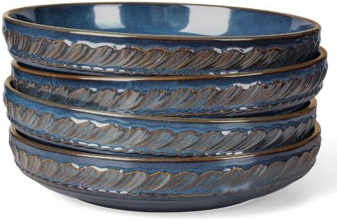 Artena Pasta Bowls, 50oz Large Salad Serving Bowls, 9.75'' Plates Bowls Set of 4, Big Ceramic Soup Bowls for Kitchen, Embossment Shallow Dinner Bowl, Microwave Dishwasher Safe, Willow Leaf, Blue