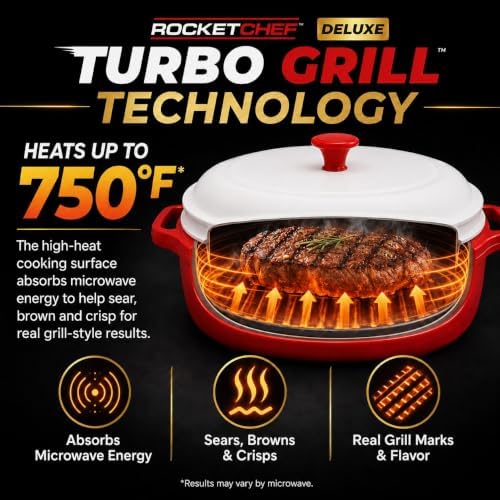 Turbo Grill Deluxe - Microwave Grill Pan with Lid, Nonstick, Ceramic Nonstick Grill Pan with Vented Lid, Grills, Sears & Crisps Bacon, Burgers, Steak & Veggies Fast + Bonus Recipe Guide