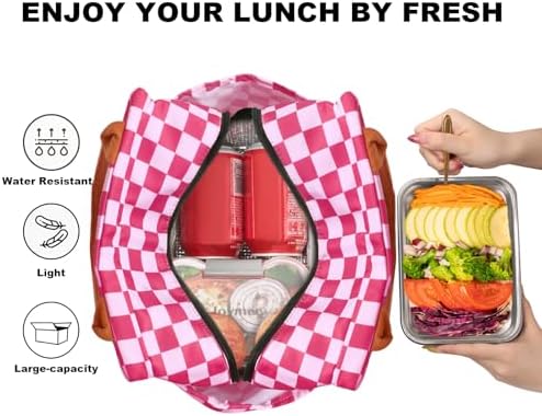 Joymee Lunch Bag Women, Reusable Leakproof Cooler Tote - Checker Pink
