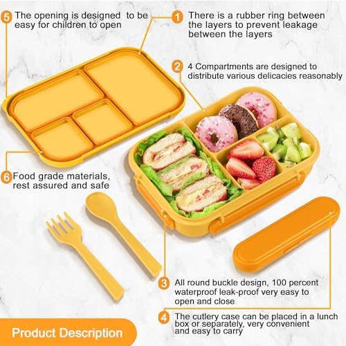 Amathley Lunch Box Kids,Bento Box Adult,Leakproof Lunch Containers for Adults/Kids/Toddler,1200ML-4 Compartments bento Lunch box with Utensil,Microwave & Dishwasher & Freezer Safe (Yellow)