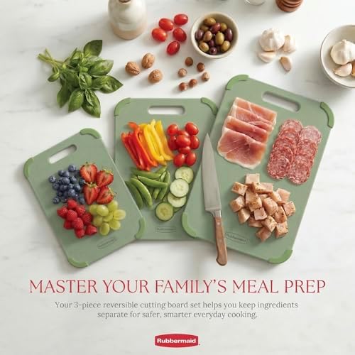 Rubbermaid 3pc Reversible Wheat Fiber Cutting Board Set | BPA Free Non Toxic Cutting Boards for Kitchen – Dishwasher Safe, Non-Slip Corners & Lightweight | For Meat, Veggies & Fruits