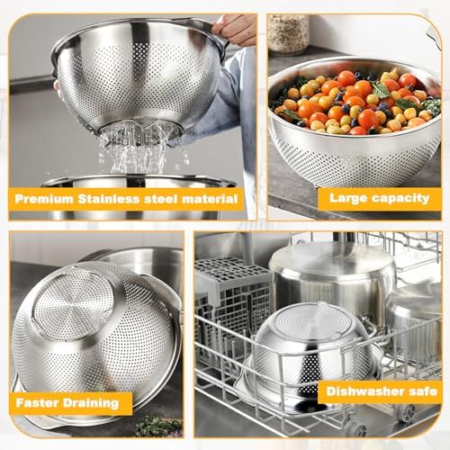 3 Pcs Stainless Steel Colander Set for Kitchen, Metal Food Pasta Strainers
