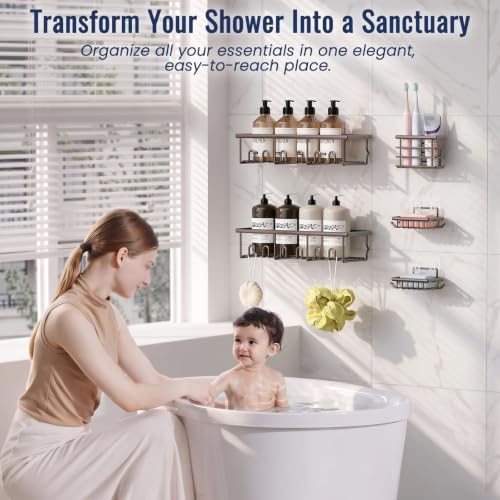 5 Pack Adhesive Bathroom Holders & Dispensers for Kids & Adults, Brown