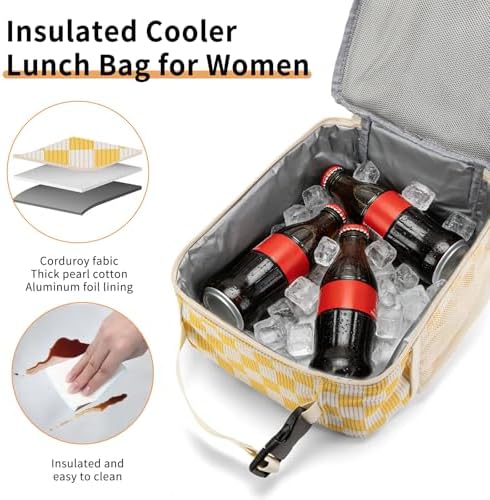 Lunch Box for Women Men Adult Insulated Lunch Bag Women Men Small Reusable Lunchbox for Work Picnic Travel (Beige-Yellow Plaid)