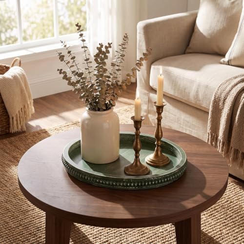 Hrastany Round Green Wood Decorative Tray, Coffee Table Tray for Ottoman