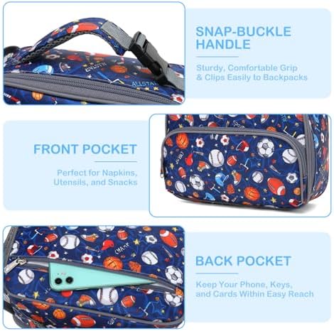 FlowFly Kids Lunch box with buckle Insulated Cooler Back to School Thermal Meal Tote Kit for Girls, Boys (Rugby)