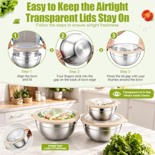 P&P CHEF Stainless Steel Mixing Bowls with Visible Airtight Lids, Khaki