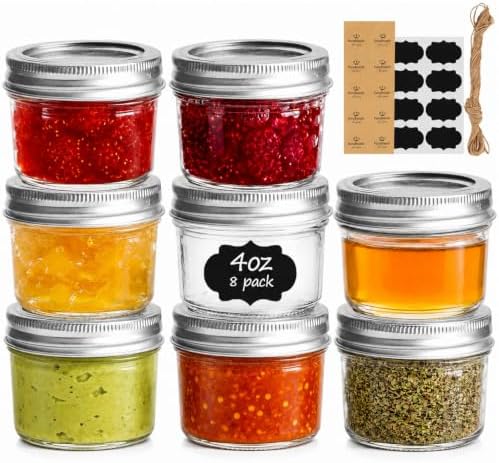 ComSaf Mini Mason Jars 4 oz, 8 Pack Regular Mouth Glass Jars with Lids