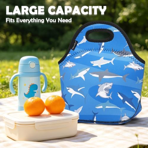 FlowFly Neoprene Kids Lunch box Insulated Soft Bag Mini Cooler Thermal Meal Tote Kit for Boys, Girls,Men,Women,School,Work, Office, Shark