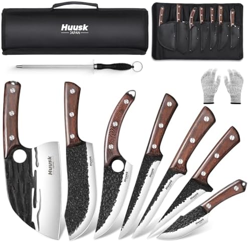 Huusk Butcher Knife Set with Roll Bag - 10PCS for Meat Processing Men Gift