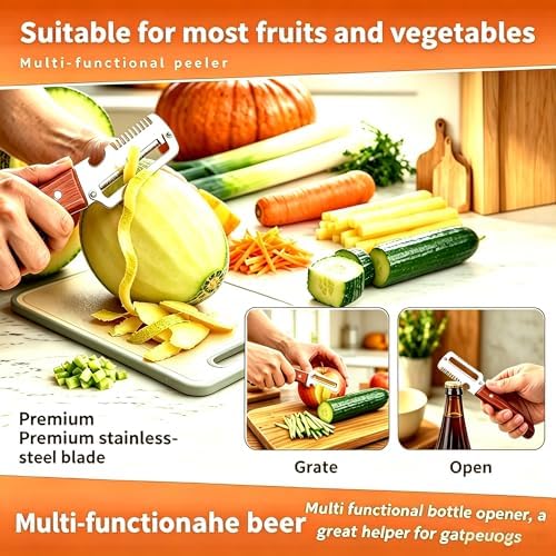 2 Pack Premium Vegetable Peeler with Wooden Handle and Bottle Opener,Stainless Steel Peeler,Vegetable Peeler for Kitchen, Peeling Fruits and Shredding Scallions