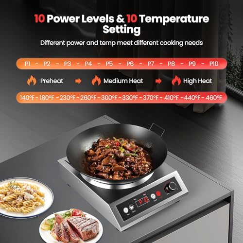 1800W Electric Wok Used For Home And Commercial,Induction Wok With Concave Surface Stainless Steel Strong Power Dual Control Mode 10 Power And Temp 24H Timer Induction Cooktop For Cooking