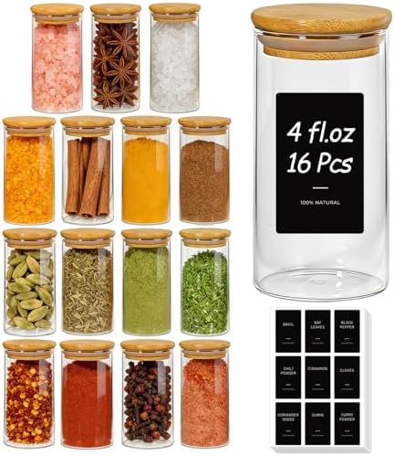 ComSaf Glass Spice Jars 4oz 16 Pack, Small Seasoning Containers with labels
