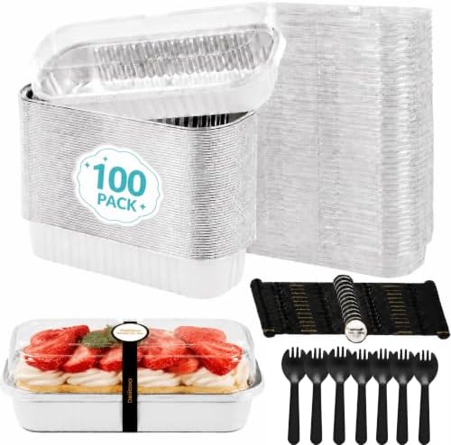 100 Pack Mini Cake Pans with Lids and Spoons, Disposable Aluminum Foil Cake Tins（6.8oz） Mini Loaf Pans with Lids for Party, Wedding, Birthday