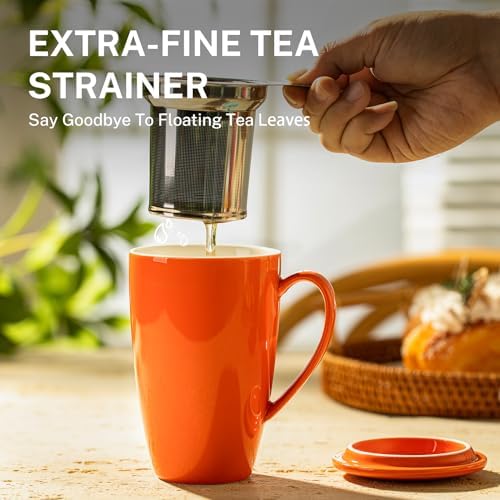 Sweese 15oz Porcelain Tea Mug with Infuser and Lid – Microwave Safe, Ergonomic Handle, Lead-Free Glaze, for Loose Leaf Tea