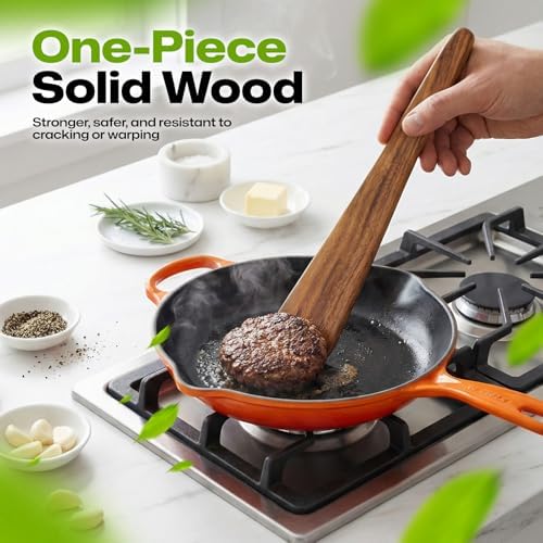 AIUHI 12 Inch Wooden Spatula for Cooking, Non-Stick Safe Teak Spatula Turner, Wooden Egg Flipper & Scraper, Essential Wooden Cooking Utensils for Kitchen