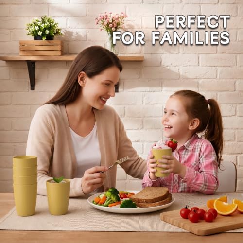 Wrova Wheat Straw Cups 6 PCS Good Alternative to Plastic Reusable Cups 12 oz Unbreakable Drinking Cup Reusable Dishwasher Safe Water Plastic Glasses Yellow