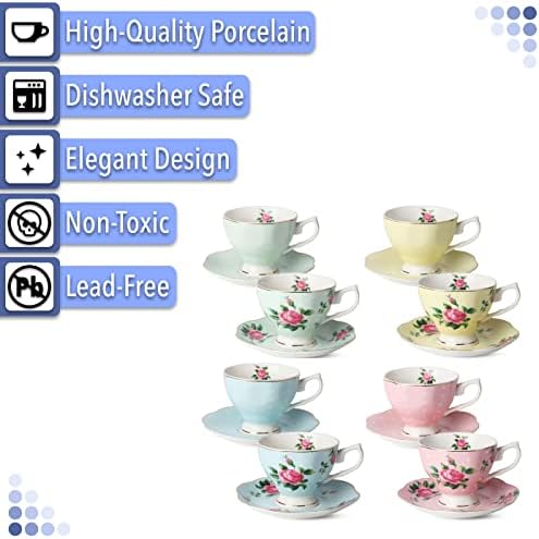 BTaT- Floral Tea Cups and Saucers, Set of 8, 8 oz