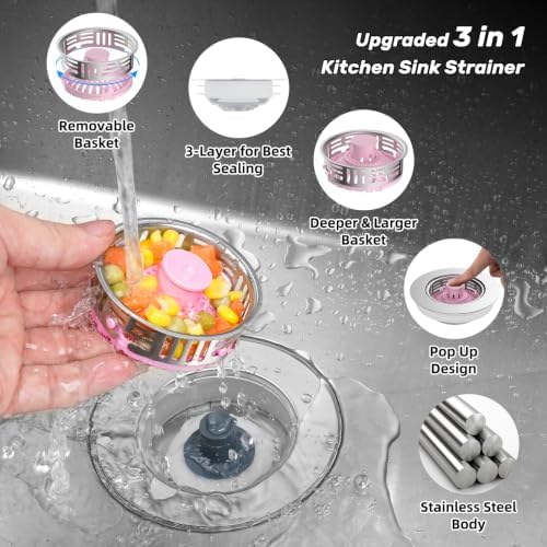 Hibbent 3 in 1 Kitchen Sink Drain Strainer, Metal Pop Up Stopper