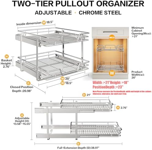 2-Tier Kitchen Cabinet Pull Out Shelf and Drawer Organizer Slide Out Pantry Storaqe Basket in Multiple Sizes (20" Wx 21" D,)