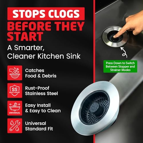 SinkShroom Kitchen Sink Drain Strainer, 2-in-1 Pop-Up Sink Stopper & Strainer with Removable Anti-Clog Basket, 304 Stainless Steel, Fits 3"-3.4" US Standard Drains, Easy Clean Food Catcher