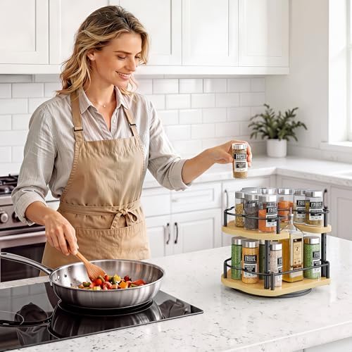 SNTD Lazy Susan Spice Rack Organizer for Cabinet, Wood, Natural, 9 in