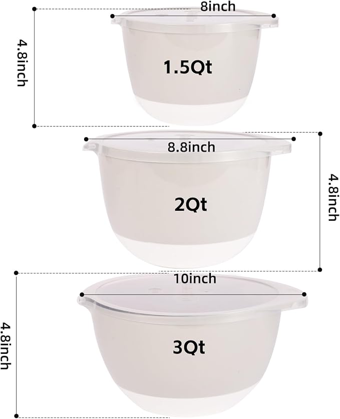 3 Plastic Mixing Bowls with Lids,Pour Spout,4.8in Deep Baking Mixing Bowl Set with TPR Bottom Non Slip,Kitchen Nesting Batter Bowls for Mixing,Prep Food,Dishwasher Safe,3Qt,2Qt,1.5Qt,Gray