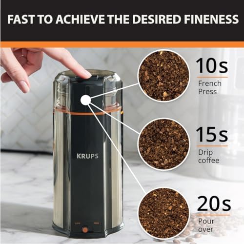 Krups, Coffee Grinder, Ultimate Silent Vortex Plastic and Stainless Steel Grinder with Removable Bowl Mess-Free, 8 Times Quieter, 2 Speeds 240 Watts, Dry Herbs, Dishwasher Safe, 12 cups ground Silver