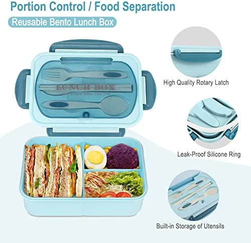 Bento Box for Adult, 1200 ML Lunch Containers, LeakProof Lunch Box with Utensils, BPA Free, 3 Compartment Bento Box Microwave Safe, Blue