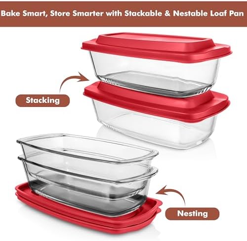 Razab 2 Pack 7.6 Cups / 1.9 Qt Glass Banana Bread Pan Set with Grip Handles