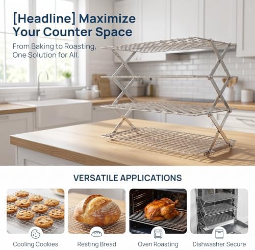Collapsible Cooling Rack, Adjustable Stainless Steel Drying Rack (4 Tier)