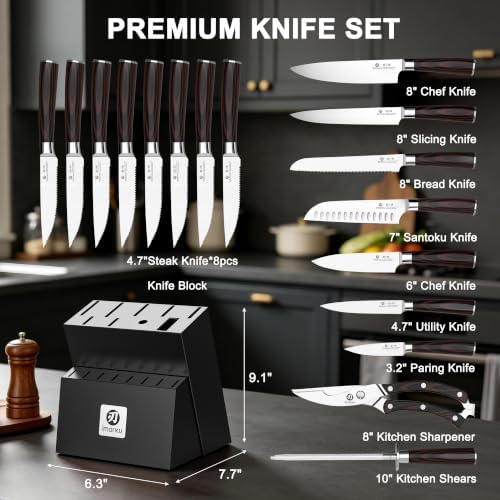 imarku 18-Piece Japanese Santoku Stainless Steel Knife Set with Block